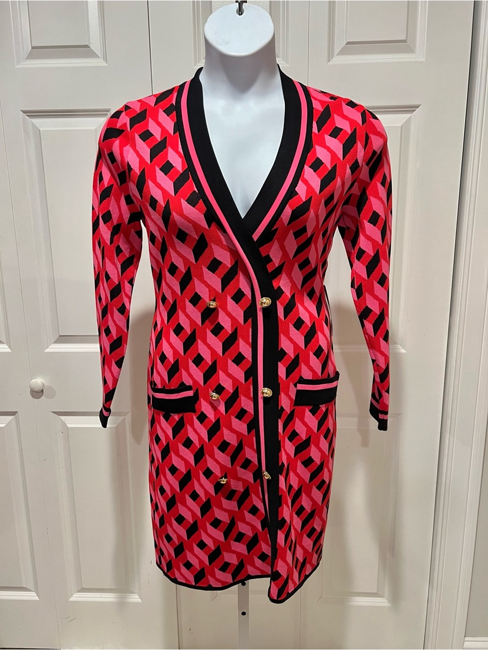 New York & Company Pink and Black Geometric Longline Cardigan Dress